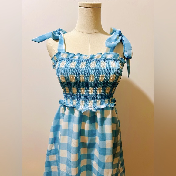 AS U WISH blue & white gingham checkered shoulder tie dress - Picture 2 of 6